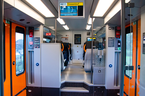 Lippstadt, Germany - August 23, 2021: Rhein Ruhr Express (RRX) Siemens train interior.