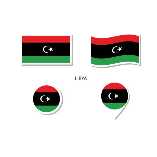 Vector illustration of Libya flag logo icon set, rectangle flat icons, circular shape, marker with flags.