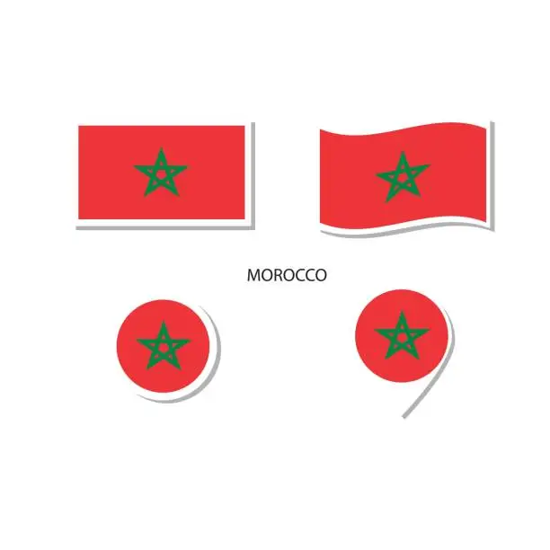 Vector illustration of Morocco flag logo icon set, rectangle flat icons, circular shape, marker with flags.