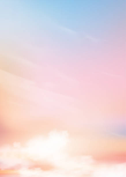 블루, 핑크, 퍼플, 옐로우, 오렌지, 아침 배경에 구름이 있는 다채로운 먼지 하늘, 가을의 아름다운 일몰 하늘, 봄, 여름, 겨울, 벡터 일러스트 달콤한 휴일 배경 - sunset stock illustrations