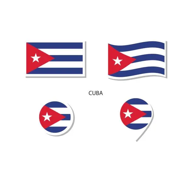 Vector illustration of Cuba flag logo icon set, rectangle flat icons, circular shape, marker with flags.