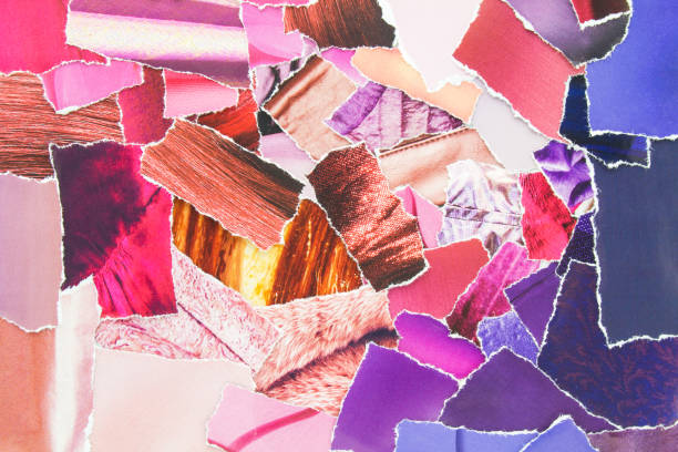 istock Collage from torn pieces of magazine paper. Abstract creative background from clippings with magazine paper in pink and purple colours. 1348985955