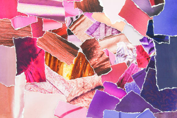 Collage from torn pieces of magazine paper. Abstract creative background from clippings with magazine paper in pink and purple colours. stock photo