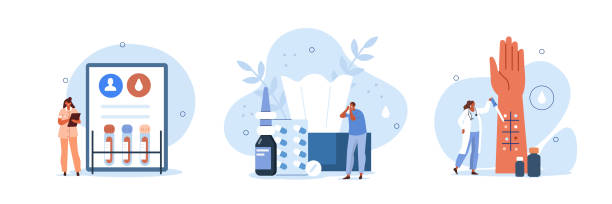 allergy set Character with seasonal pollen allergy sneezing to nose wiper. Doctor allergist or immunologist doing allergy skin test and laboratory blood test. Flat cartoon vector illustration and icons set. allergy stock illustrations