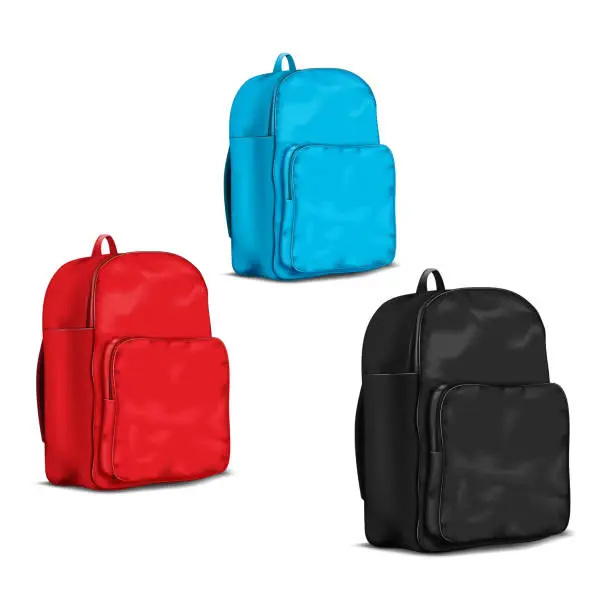 Vector illustration of Black, red, blue blank school backpack, realistic vector mockup. Travel bag, mock-up. Template for design. Color set. Easy to recolor