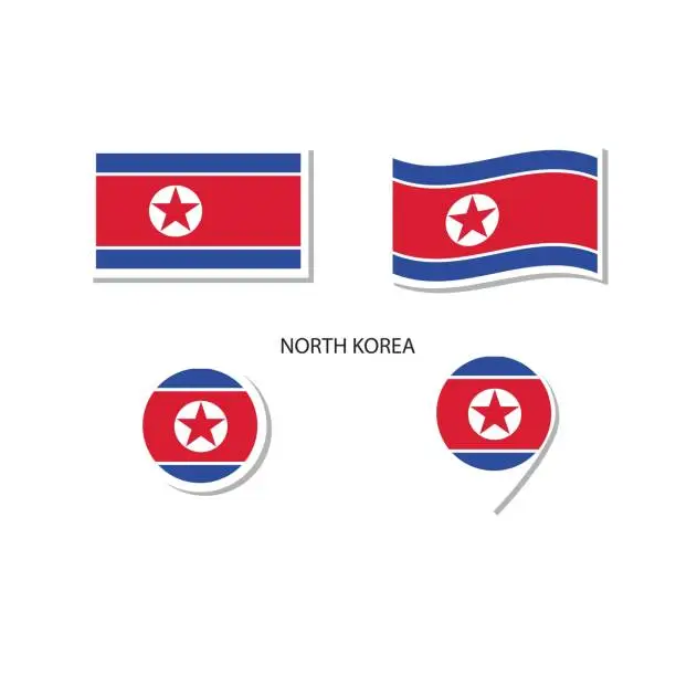 Vector illustration of North Korea flag logo icon set, rectangle flat icons, circular shape, marker with flags.