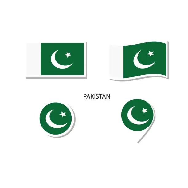 Vector illustration of Pakistan flag logo icon set, rectangle flat icons, circular shape, marker with flags.