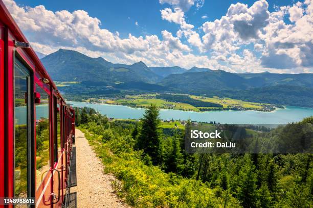 Schafbergbahn Mountain Train Schafberg Mountain Salzkammergut Region Salzburg Land State Austria Journey To The Top Of Alps Through Lush Fields And Green Forestsview Of Lake Wolfgangsee Stock Photo - Download Image Now