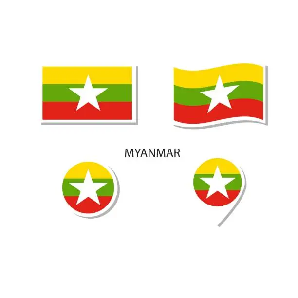 Vector illustration of Myanmar flag logo icon set, rectangle flat icons, circular shape, marker with flags.