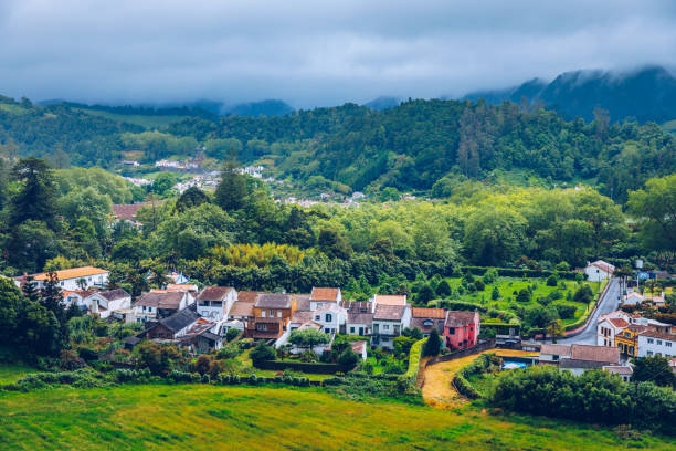 View of Furnas Village in SÃ£o Miguel Island, Azores, Portugal. View of Furnas a famous village for hotsprings geothermal in SÃ£o Miguel Island Azores Portugal. View of Furnas Village in SÃ£o Miguel Island, Azores, Portugal. View of Furnas a famous village for hotsprings geothermal in SÃ£o Miguel Island Azores Portugal. san miguel portugal stock pictures, royalty-free photos & images