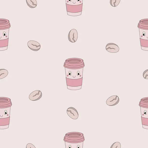 Vector illustration of Seamless pattern with cute coffee attributes in pastel colors - vector illustration, eps stock illustration