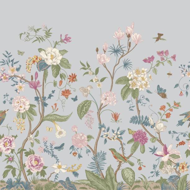 mural. bloom. chinoiserie inspired - ağaç çiçeği illüstrasyonlar stock illustrations