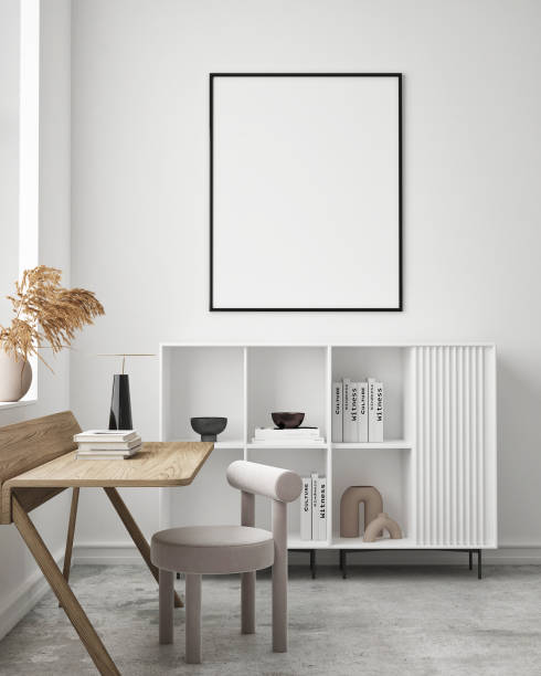 istock mock up poster frame in modern interior background, Home office, Scandinavian style, 3D render, 3D illustration 1349004466