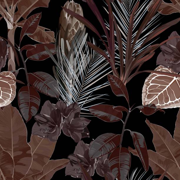 istock Abstract foliage seamless pattern, various plant and tree in brown blue colors on black background. 1349008232