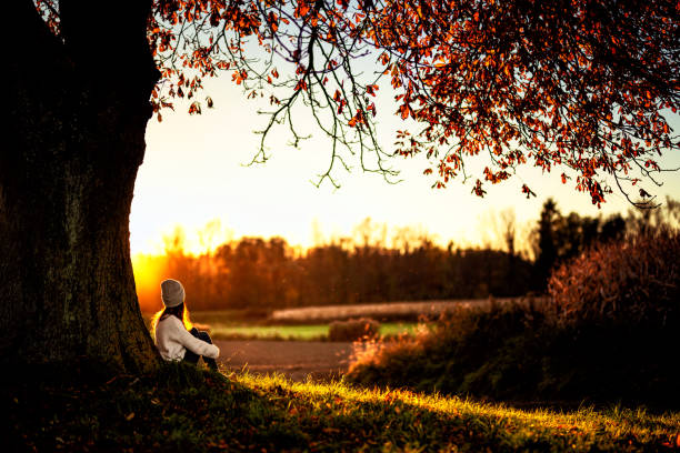 istock Young woman watching the autumn sunset 1349008371
