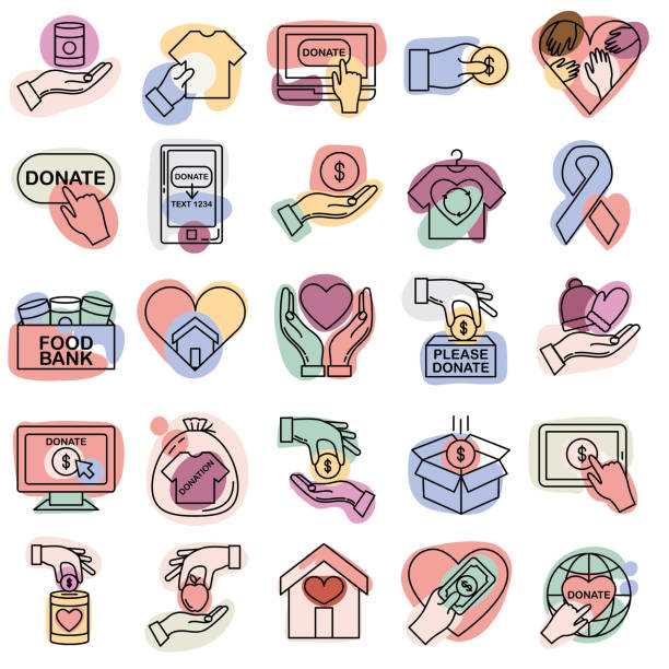 ilustraciones, imágenes clip art, dibujos animados e iconos de stock de icon set - icono de línea delgada de caridad y donación - giving tuesday