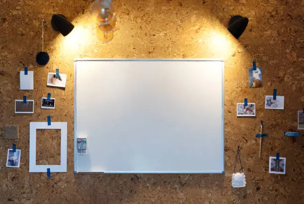 Desk space concept. Mock up Cork board. Workplace with notes