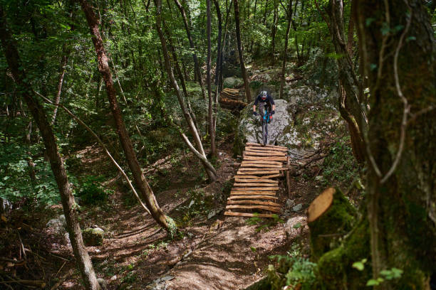 istock Enduro biker on a self-constructed challenging trail in the woods 1349010178