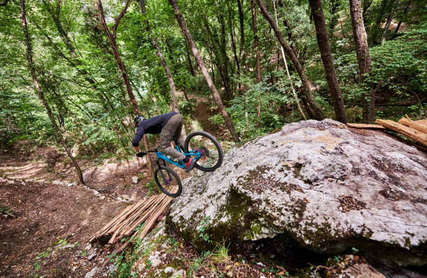 istock Challenging drop for an enduro biker on a self-constructed trail in the woods 1349010194