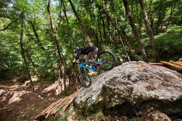 istock Enduro biker on a self-constructed challenging trail in the woods 1349010201
