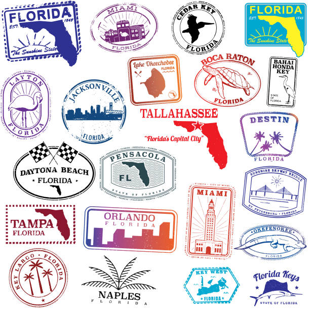 ilustraciones, imágenes clip art, dibujos animados e iconos de stock de sellos de viaje retro del estado de florida - miami beach