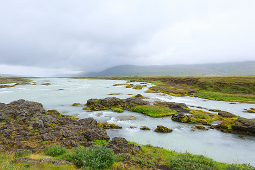 Godafoss falls in summer season view, Iceland. Icelandic landscape.