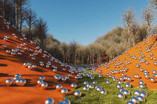 Abstract little valley with chrome spheres, 3D generated image.