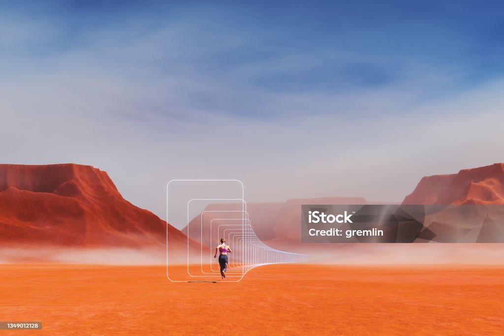 Abstract image of woman running in barren desert Abstract image of woman running in barren desert. 3D generated image. Virtual Reality Simulator Stock Photo