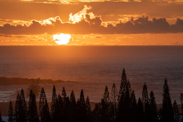 Sun Sinking into the Pacific The sun sinks into the Pacific off the coast of Maui Hawaii near Kapalua. the plantation course at kapalua stock pictures, royalty-free photos & images