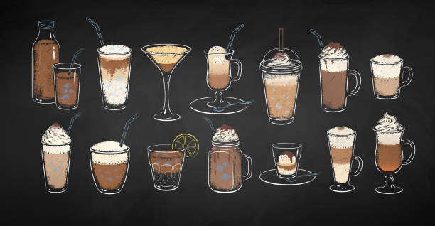 Vector set of coffee drinks chalk illustrations Collection of dessert acoffee drinks isolated on black chalkboard background. Vector chalk drawn sideview grunge illustrations. flat white stock illustrations