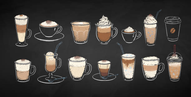 ilustraciones, imágenes clip art, dibujos animados e iconos de stock de bebidas de café de postre dibujadas con tiza - coffee cafe latté cup