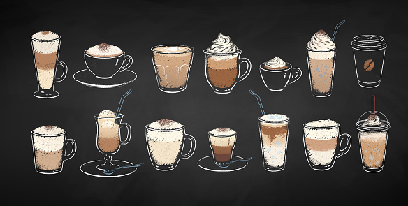 Collection of coffee dessert drinks isolated on black chalkboard background. Vector chalk drawn sideview grunge illustrations.