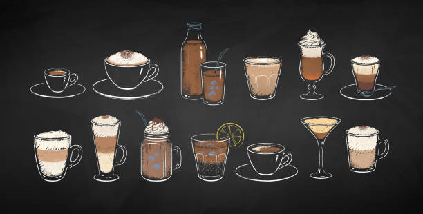 Collection of chlk drawn coffee drinks Collection of coffee drinks isolated on black chalkboard background. Vector chalk drawn sideview grunge illustrations. flat white stock illustrations