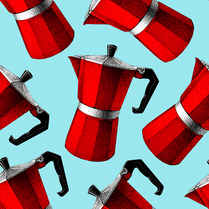 Seamless pattern, geyser coffee makers, red color. Moka pots. Italian Moka Express in blue background. Vector hand drawn illustration in vintage engraved style. Realistic sketch in retro. Pointillism.