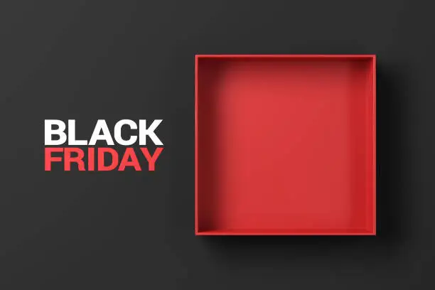 Blank red open paper box with Black friday on red paper background. 3d render, background for product and design.