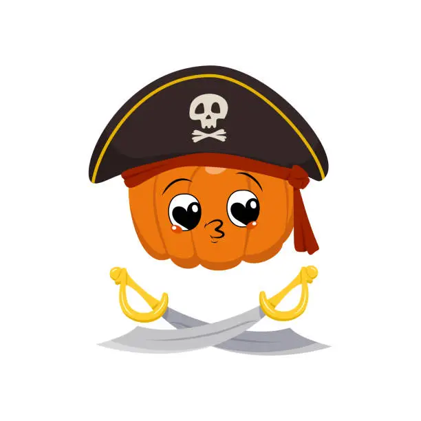 Vector illustration of Cute pumpkin character with happy emotions, face, big hearts eyes falls in love, kiss lips in captain cocked hat