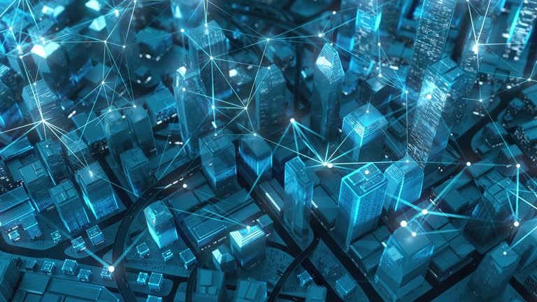 Cityscape With Glowing Connection Lines - 
Big Data, Internet Of Things, Futuristic Architecture