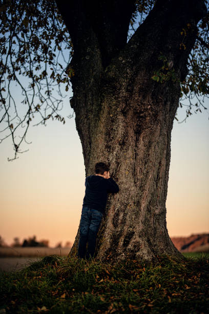 Austria. Young boy play hide and seek in the autumn evening sun.