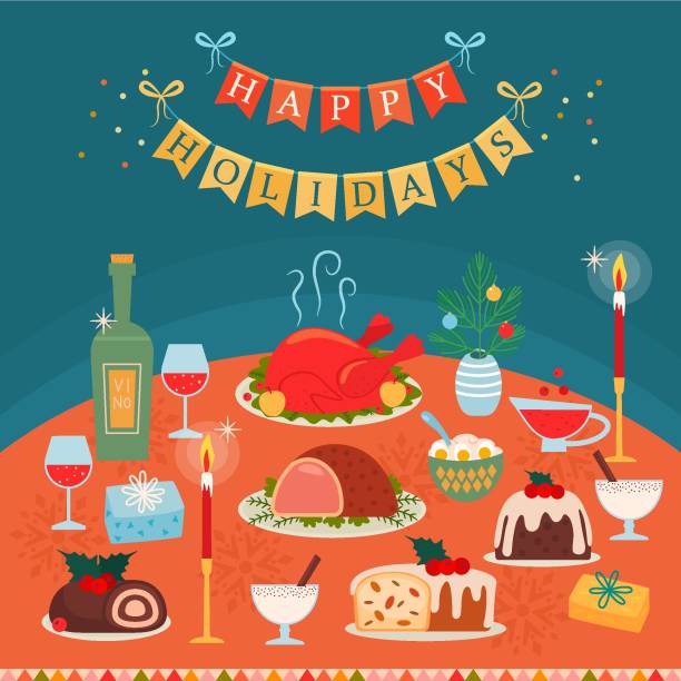 stolCRISTMAS happy holidays. Merry Christmas and Happy New Year greeting card. A festive meal with food and gifts under the tree. concept Xmas. vector illustration in retro style christmas eggnog stock illustrations