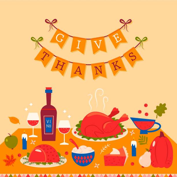 ÐÐ¾Ð±Ð¸Ð»ÑÐ½Ð¾Ðµ ÑÑÑÑÐ¾Ð¹ÑÑÐ²Ð¾ Thanksgiving Greeting Card. a festive table with a tablecloth with baked turkey and pumpkin pie on the background of a congratulatory inscription. flat vector illustration cranberry sauce stock illustrations