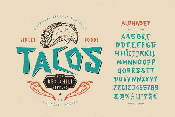 ilustraciones, imágenes clip art, dibujos animados e iconos de stock de pantalla gráfica vintage font tacos. diseño vintage - typescript graffiti computer graphic label