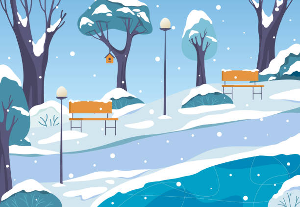 冬公園、風景や風景の景色、バナー - snow winter bench park点のイラスト素材／クリップアート素材／マンガ素材／アイコン素材
