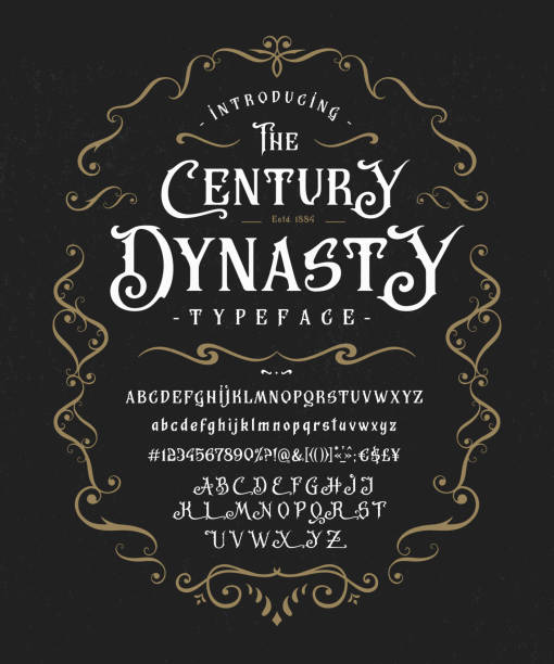 Font The Century Dynasty. Vintage label design Font The Century Dynasty. Craft retro vintage typeface design. Graphic display alphabet. Fantasy type letters. Latin characters, numbers. Vector illustration. Old badge, label, logo template. fairy tale font stock illustrations