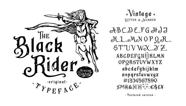 Font Black Rider. Vintage design. Vector Label. Font Black Rider. Craft retro vintage typeface design. Graphic display alphabet. Fantasy type letters. Latin characters, numbers. Vector illustration. Old badge, label, logo, print template. pirate criminal illustrations stock illustrations