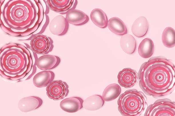 istock 3d render of monochrome pink Easter eggs with flowers on a pink background 1349021202