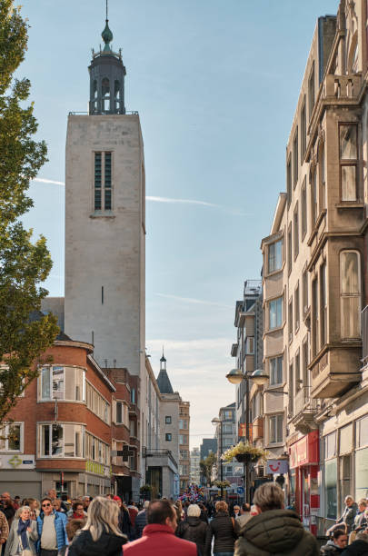 Ostende, Belgium -  October 24 2021: People walk down a street in Ostende on a sunday morning