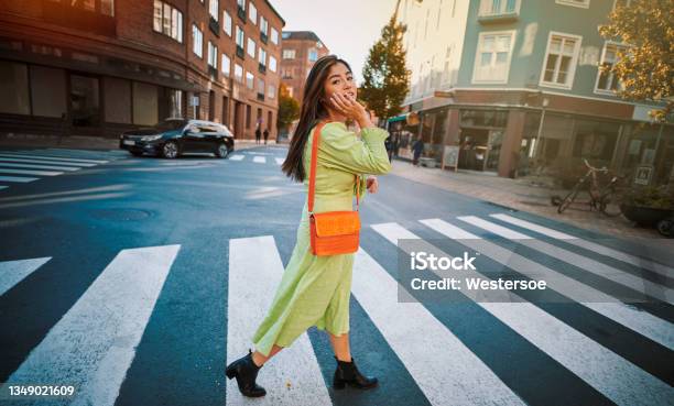 Young Woman Crossing Road Stock Photo - Download Image Now - Women, One Woman Only, Summer