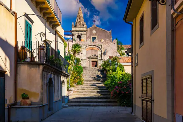 Scenic view in Forza d`Agro, picturesque town in the Province of Messina, Sicily, southern Italy. Forza d'Agro, Sicilian historical city on the rock over Ionian sea, Italy.