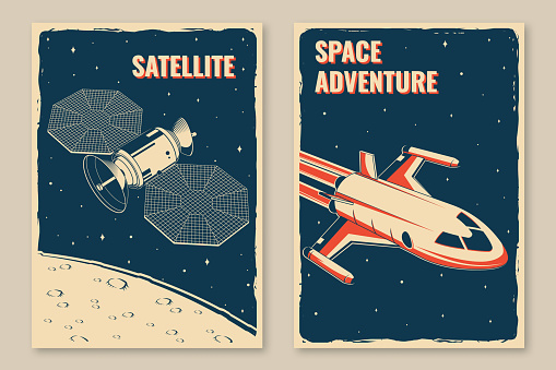 Space posters, banners, flyers. Vector. Concept for shirt, print, stamp, overlay or template. Vintage typography design with satellite dishes, space rocket and mountain silhouette.