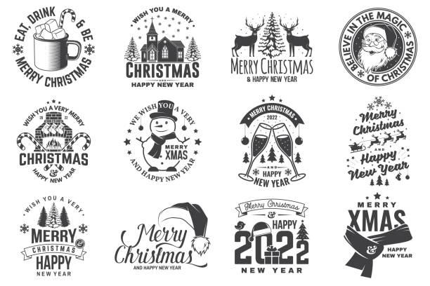 Set of Merry Christmas and Happy New Year stamp, sticker with snowflakes, snowman, santa claus, candy, catholic church, glasses of champagne Vector Vintage typography design for xmas, new year emblem vector art illustration